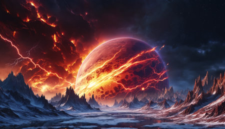 A large glowing planet over a mountain landscape is being consumed by a black hole or a supernova, creating a destructive and chaotic scene. The landscape is filled with fire and destruction.の素材