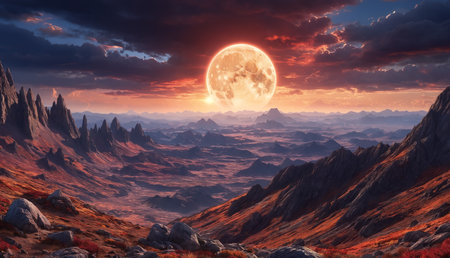 A beautiful rocky alien landscape with a full moon in the sky, creating a stunning and otherworldly atmosphere.の素材