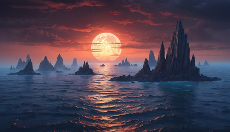 A beautiful serene ocean scene with a large moon rising in the background. The ocean is calm, and there are numerous small islands scattered throughout the water.の素材