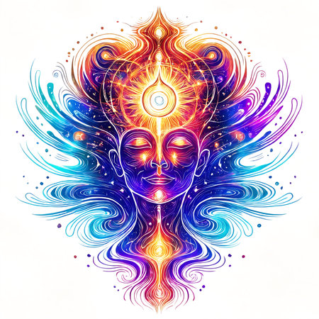 A colorful and intricate design of a face, likely inspired by a spiritual or artistic concept. The face is adorned with various symbols and patterns, giving it a unique and eye-catching appearance.の素材