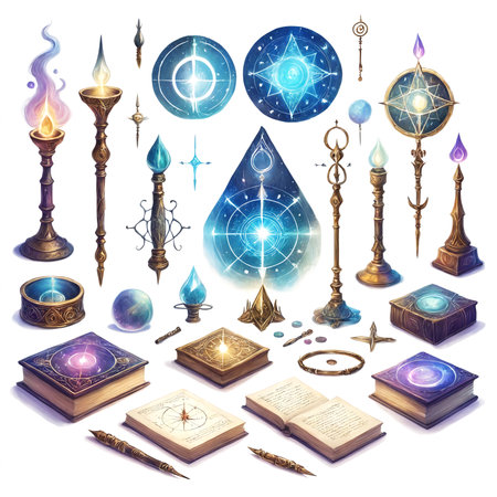 A collection of various magical and mystical objects, including candles, books and other items, on a white background.の素材