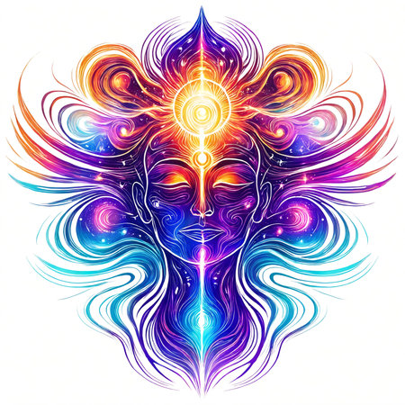 A colorful and intricate design of a man's face, featuring a combination of purple, orange and yellow colors. The face is surrounded by a pattern of swirling lines.の素材