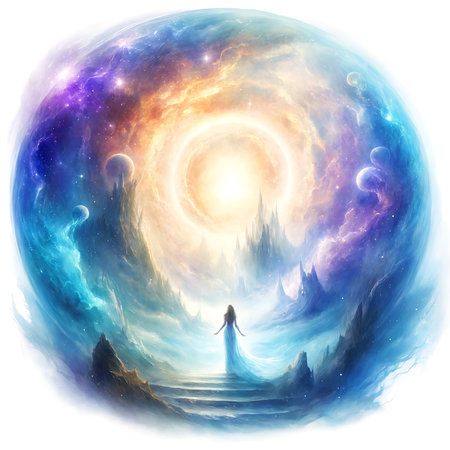A woman standing in the center of a colorful and fantastical world. She appears to be walking through a landscape filled with mountains, clouds, and other elements of nature.の素材