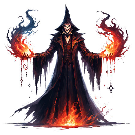 A character from a fictional world, dressed in a wizard's costume. The character is holding two fireballs in his hands. The wizard is also wearing a pointy hat.の素材