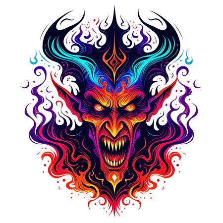 A colorful and detailed illustration of a devil or devilish face, with flames and fire-breathing abilities, on a white background.の素材