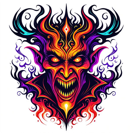 A colorful and detailed face of an evil looking person, resembling a devil or a demon. The face is painted with a combination of red, blue, and yellow colors, giving it a demonic appearance.の素材