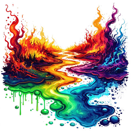 A colorful and abstract painting of a river with a dramatic and intense color scheme. The river is appearing to be on fire.の素材