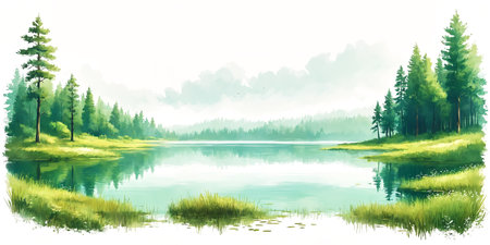 A forest with a small lake. The water is calm and surrounded by trees, creating a peaceful atmosphere. There are no people in the image, making it a beautiful and undisturbed natural setting.の素材