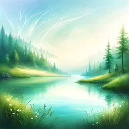 A serene and picturesque scene of a lake surrounded by trees and grass. The lake is calm and appears to be in a lush green field.の素材