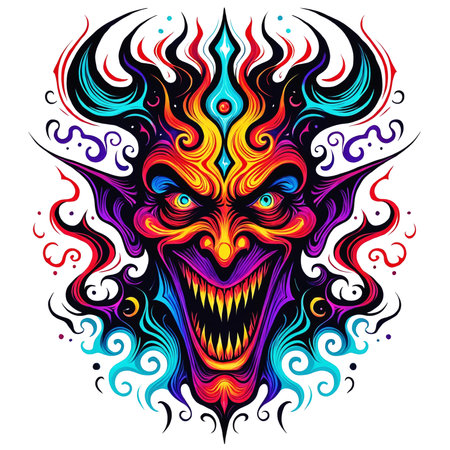 A colorful illustration of a devil or demon with red, blue, green and yellow colors. The face of the demonic figure is painted with intricate details, giving it a frightening appearance.の素材