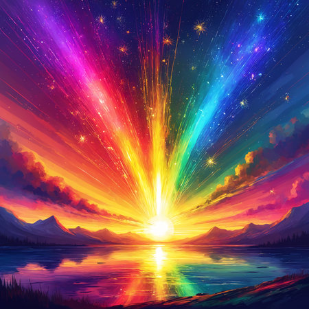 A colorful and vibrant rainbow lights in the sky, with the sun setting in the background. The rainbow appears to be in front of a mountain range, creating a beautiful and picturesque scene.の素材