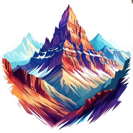 A colorful mountain landscape with a large, multicolored mountain in the background.の素材