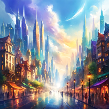 A city street at dusk or dawn with a colorful and artistic atmosphere. The buildings and the sky are painted with bright colors, giving the scene a unique and visually appealing appearance.の素材