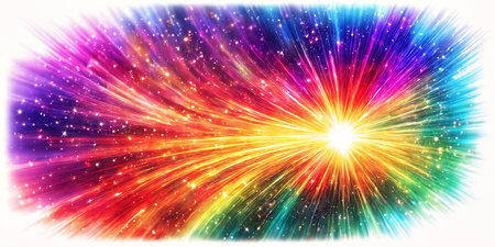 A colorful and vibrant display of a rainbow of light, creating a visually striking scene. The light appears to be coming from a burst of energy, as if it is about to explode or if it is a firework.の素材
