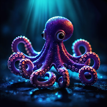 A cartoon purple octopus with big eyes, sitting on a dark surface underwater.の素材