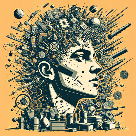 An abstract representation of a person's head, featuring various objects and items scattered throughout the composition.の素材