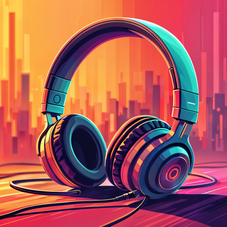 A pair of colorful headphones on a table or a ground. The headphones are designed in a unique and artistic manner, with a vibrant and eye-catching appearance.の素材