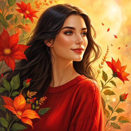 A beautiful woman wearing a red sweater. The scene is filled with red flowers, giving the impression that the woman is standing in a garden or a field of flowers.の素材