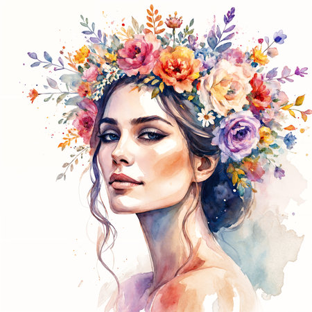 A woman with a colorful floral crown on her head, wearing a flowered dress. She appears to be a beautiful young lady, possibly a young girl, and she stands against a white background.の素材