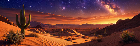 Desert landscape at sunset, with a cactus and sand dunes visible under a starry sky.の素材