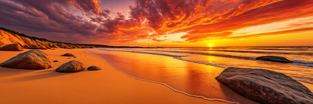 Serene beach scene at sunset, with the warm glow of the setting sun casting long shadows and painting the sky with hues of orange and red.の素材