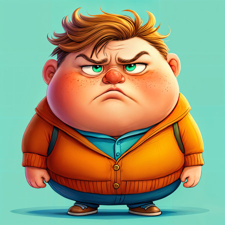 Cartoon character, a large, round man with a frowning expression and an orange jacket, standing against a blue background.の素材