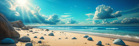 Serene beach scene with the sun shining brightly, casting light on the sand and rocks.の素材