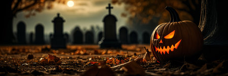 Halloween scene with a jack-o'-lantern sitting on the ground next to a graveyard, under a tree and during sunset.の素材