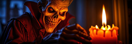 Person dressed as a skeleton, holding a lit candle and looking at it with a serious expression.の素材