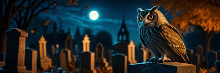 Large owl perched on a stone monument at night, with a graveyard and a full moon in the background.の素材