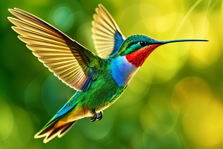 A vibrant hummingbird with blue, green and red feathers flying through the air.の素材
