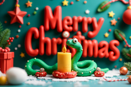 Festive scene with the words Merry Christmas prominently displayed, along with a green snake and a candle.の素材