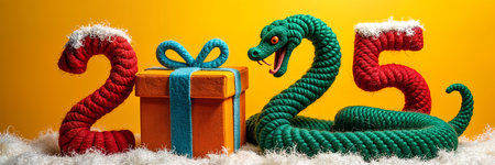 Colorful display with the number 2025 prominently displayed, along with a snake and gift box.の素材