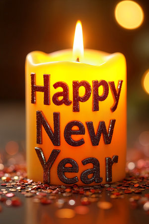 Lit candle with the words Happy New Year written on it. The candle is placed on a surface that appears to be covered with confetti or glitter.の素材