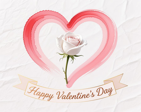 Digital illustration of a Valentines Day card featuring a white rose and layered pink heart on a soft, textured background.の素材