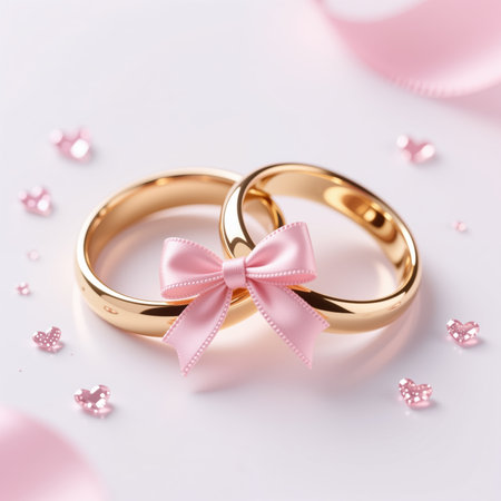 Valentines Day illustration, realistic style, gold rings with pink bow, surrounded by pink hearts and confetti, soft pink background.の素材