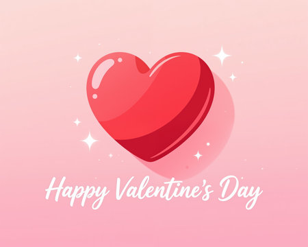 A shiny red heart surrounded by sparkles on a pink gradient background, a digital illustration for Valentines Day with a Happy Valentines Day message.の素材