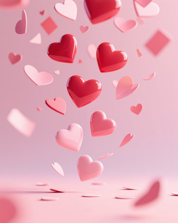 Valentines Day illustration featuring shiny hearts in various shades of red and pink, floating against a pastel pink background with subtle shadows.の素材