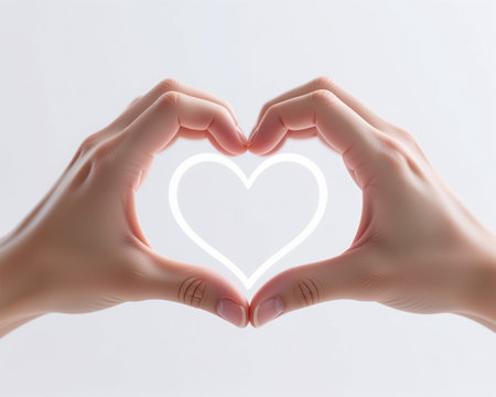 Valentines Day illustration featuring hands creating heart shape with soft, glowing white outline, symbolizing love and affection in minimalist style.の素材