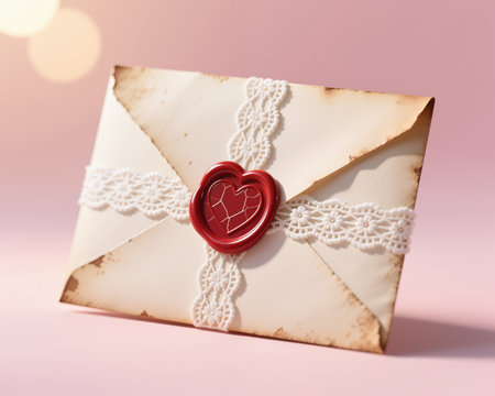 Vintage Valentines Day illustration of an envelope with red heart-shaped wax seal, white lace ribbon, and soft pink background.の素材