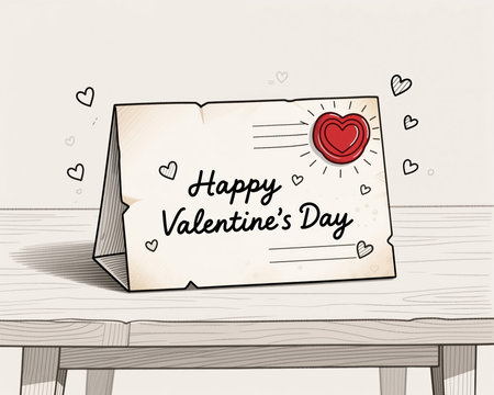A whimsical illustration of a Valentines Day card on a wooden table, adorned with hearts and a red wax seal, in a cartoonish style.の素材