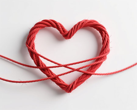 A Valentines Day illustration featuring a red rope heart, created with twisted threads, on a plain white background, symbolizing love and connection.の素材