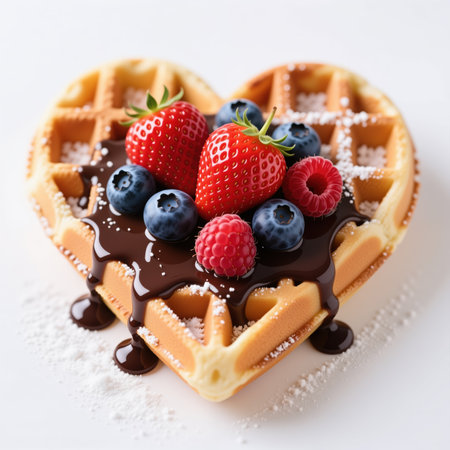 Realistic digital illustration of a heart-shaped waffle with strawberries, blueberries, raspberries, and chocolate sauce, perfect for a Valentines Day treat.の素材