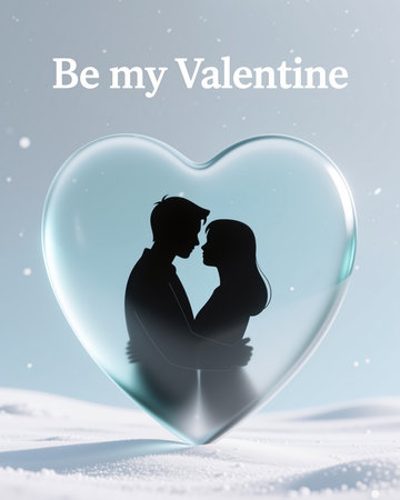 Silhouette of couple kissing inside transparent heart-shaped bubble, Valentines Day illustration, soft blue background, snowy landscape, Be my Valentine text.の素材