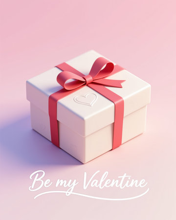 Pastel-style illustration of a white gift box with a pink ribbon and bow, embossed heart on top, on a soft pink background, perfect for Valentines Day.の素材