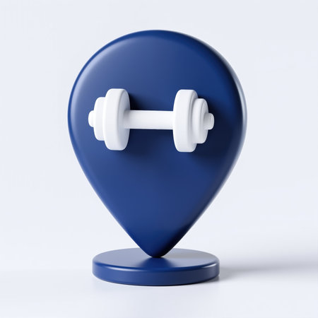 Blue map pin icon with white dumbbell, symbolizing fitness location or gym, minimalist design, white background, representing exercise and workout.の素材