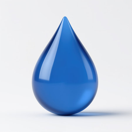 A shiny blue droplet on a plain white background, symbolizing water, purity, and simplicity, with a subtle shadow adding depth.の素材