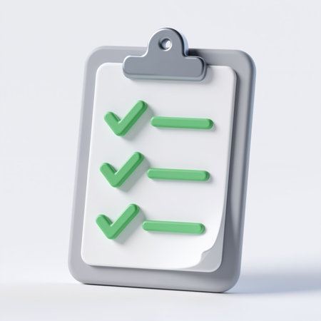 A minimalist illustration of a clipboard with a white sheet, featuring three green checkmarks and corresponding lines, symbolizing task completion and approval.の素材