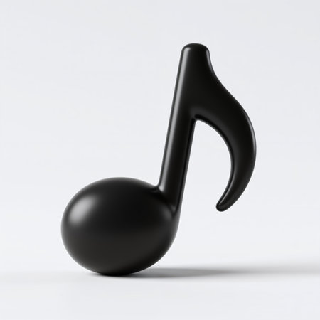 Smooth, matte black musical note on plain white background, symbolizing music and harmony, representing melody and rhythm in a minimalist style.の素材