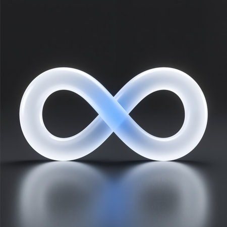 Glowing white infinity symbol on dark background with reflection, symbolizing eternity, infinity, and limitless possibilities in a minimalist digital illustration style.の素材